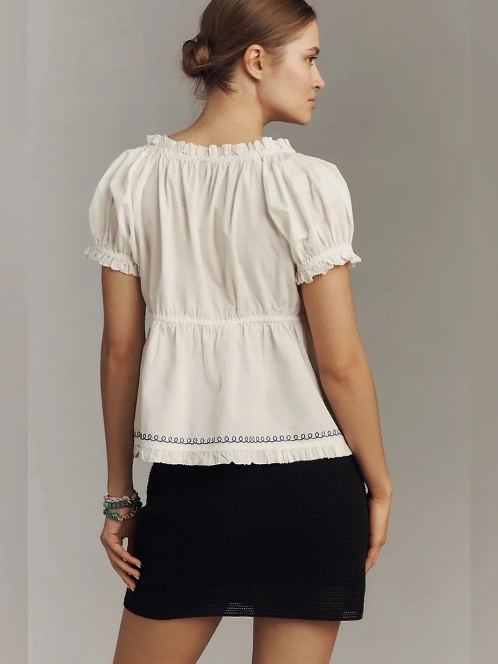 New By Anthropologie Puff-Sleeve Embroidered Babydoll Top Size S